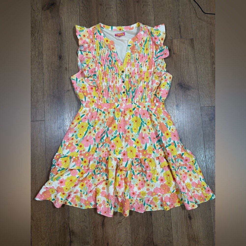 THML Floral Ruffled Mini Dress in Pink, Yellow & Green